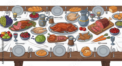 A lavish medieval feast is laid out on a long banquet table.