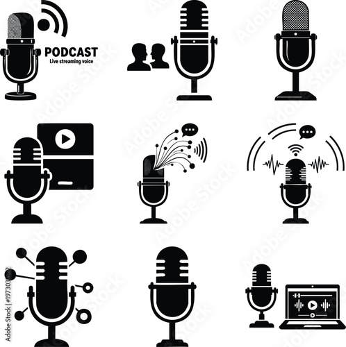 Set of black and white podcast featuring vintage microphones, sound waves, and digital media tools msea set