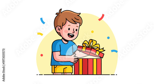 Happy boy opening a gift box with joyful surprise.