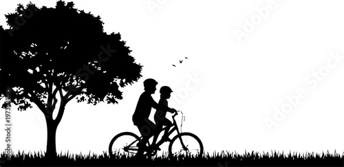 A heartwarming silhouette of a father teaching his son to ride a bicycle in a park with trees, representing childhood milestones and family bonds.