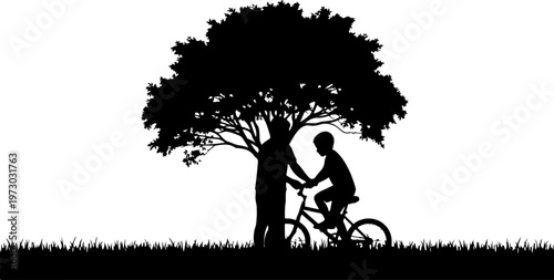 A heartwarming silhouette of a father teaching his son to ride a bicycle in a park with trees, representing childhood milestones and family bonds.