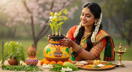 Woman in traditional Indian attire celebrating a festival with a plant.