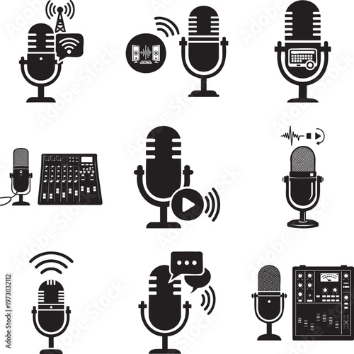 Set of black silhouette featuring microphones, audio mixers, sound waves, and broadcast symbols msea set