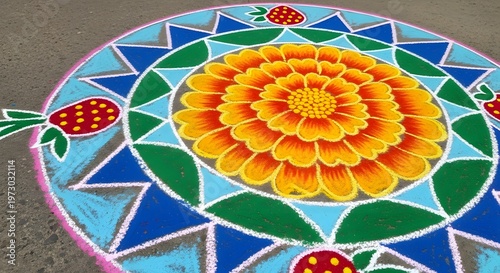 Vibrant Indian rangoli design with flower.