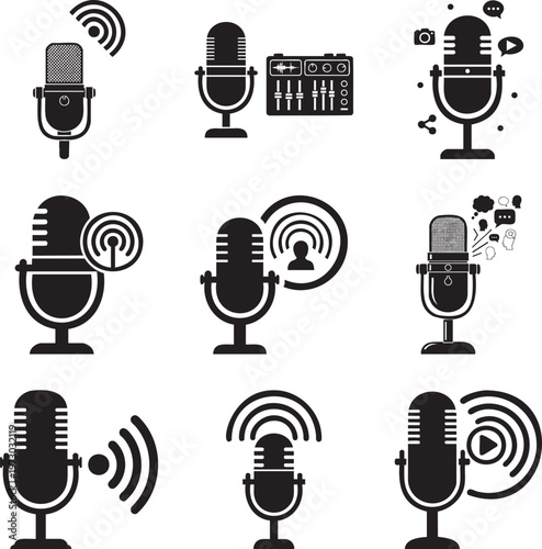 Set of black silhouette featuring microphones, audio mixing consoles, and various broadcasting msea set