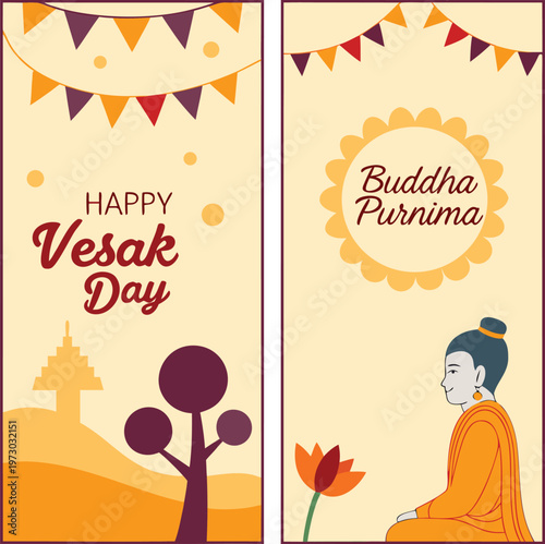 Happy vesak day and buddha purnima celebration banners with meditating buddha and festive bunting.