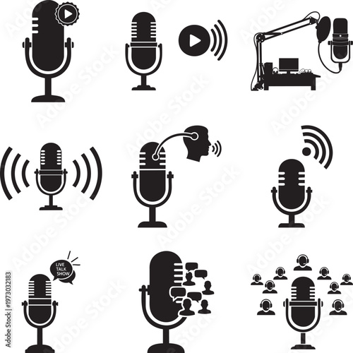 Set of black silhouette featuring microphones, radio broadcasting equipment, and podcasting themes msea set