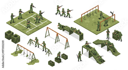 Isometric 3D illustration of military personnel engaging in various training exercises on an army base with strategy maps and planning tools.