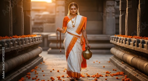 Woman in traditional Indian attire walking through a temple.