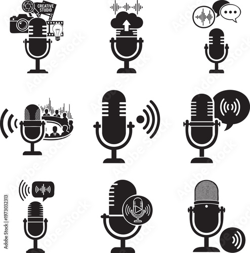 Set of black silhouette featuring vintage microphones with media, communication, and audio symbols msea set