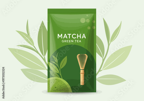 Illustration of a jar of matcha powder with a wooden scoop, perfect for health and wellness beverage content