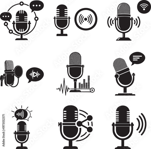 Set of black silhouette featuring vintage microphones, sound waves, speech bubbles and audio data msea set