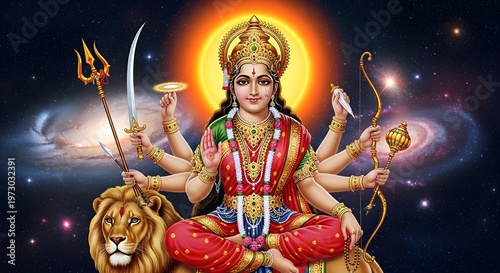 Hindu goddess Durga riding lion in space.