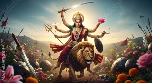 Hindu goddess riding lion surrounded by flowers and weapons.