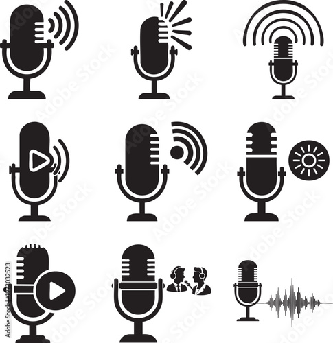 Set of nine black featuring vintage microphones with sound waves, play buttons, and people msea set