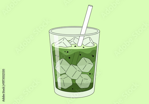 Refreshing Green Juice with Ice Cubes and Straw.