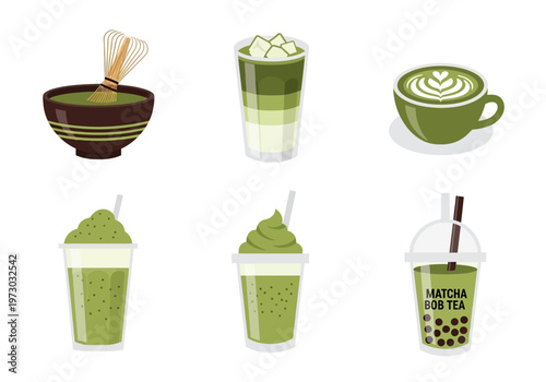 Assortment of Matcha Drinks: Latte Iced Frappe and Traditional Bowl.