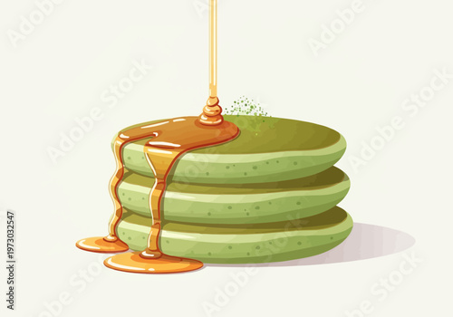 Stack of Green Pancakes Drizzled with Golden Syrup Illustration.