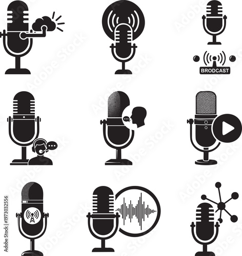 Set of nine black microphone featuring audio recording, podcast, and live broadcast symbols msea set