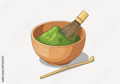 Matcha Tea Preparation: Bowl with Green Tea and Bamboo Whisk.