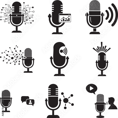 Set of nine black microphone featuring digital circuitry, sound waves, and communication symbols msea set