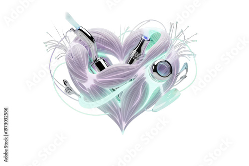 Abstract Heart Shape With Iridescent Filaments And Metallic Elements  Isolated on a transparent background