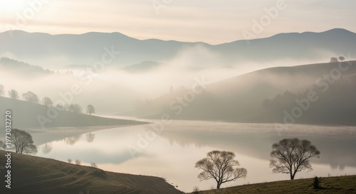 Misty Morning Landscape with Lake and Rolling Hills.