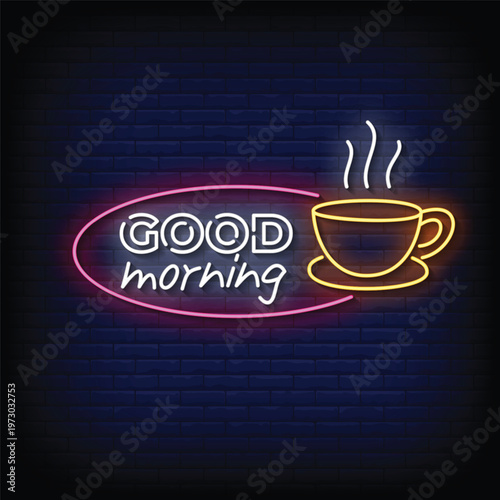 good morning neon signboard with brick wall background vector