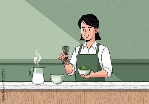 Woman Preparing Matcha Tea with Traditional Bamboo Whisk.