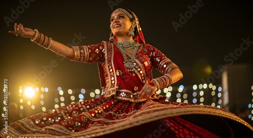 Woman in traditional Indian dance costume performing.