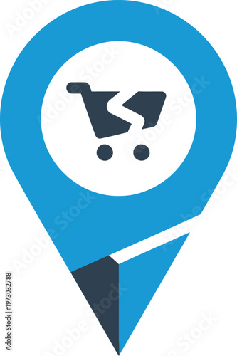 Vector Illustration of a Shopping Cart Icon Inside a Blue Map Pin Pointer, Modern Logo Design for E-commerce, Local Store Location, Retail, and Online Delivery Graphic Projects