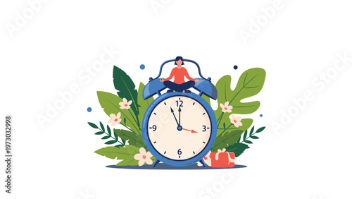 Woman meditating in a lotus position on a large alarm clock, surrounded by lush green plants and flowers, symbolizing mindful time management.