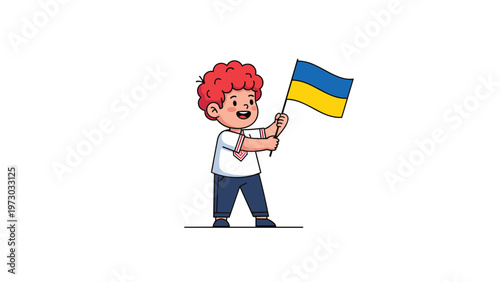Happy little boy with curly red hair proudly holding up a Ukrainian flag, symbolizing patriotism and national pride.