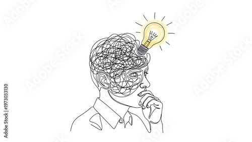 Abstract continuous one-line drawing of a human head with tangled lines inside and a bright lightbulb above, signifying an idea or creative thought process.