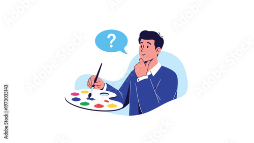 Thoughtful man holding a paint palette and brush, with a question mark above his head, contemplating artistic ideas and creative choices.