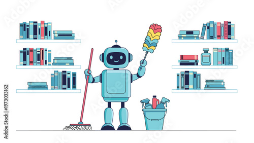 Friendly robot holding a mop and duster, surrounded by cleaning supplies and bookshelves, demonstrating robotic assistance in household chores.
