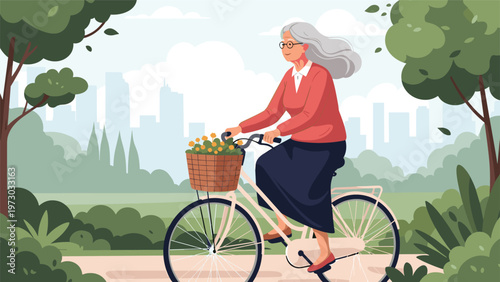 Joyful elderly woman with white hair and glasses riding a bicycle with a basket of flowers through a vibrant green park, enjoying a healthy retirement.