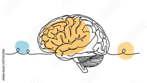 Abstract continuous one-line drawing of a human brain with highlighted areas and connected elements, symbolizing thoughts and connections.