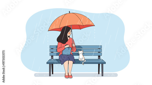Woman and a white cat sitting on a blue bench under an orange umbrella in the rain, depicting a cozy and contemplative moment.