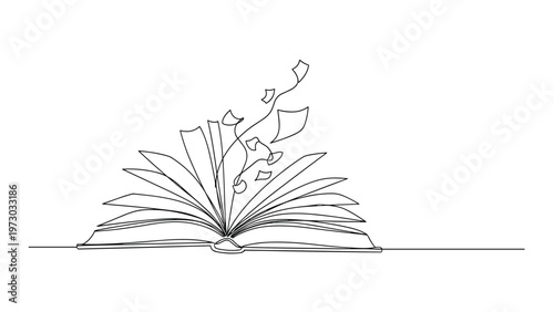 Continuous one-line drawing of an open book with pages gracefully flying out, symbolizing imagination, knowledge, and freedom of thought.
