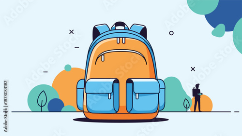 Large, brightly colored backpack positioned in a stylized outdoor landscape with abstract elements, representing travel and adventure.