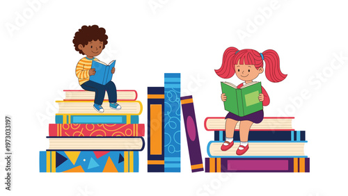Two joyful children, a boy and a girl, happily reading books while sitting on large stacks of colorful books, symbolizing a love for reading.