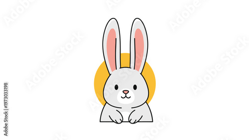 Cute white bunny with big ears and a cheerful expression, set against a simple yellow circle background, perfect for Easter or pet themes.
