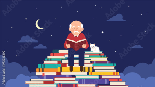 Elderly man peacefully reading a book atop a towering stack of colorful books, under a starry night sky with a crescent moon and a cat.
