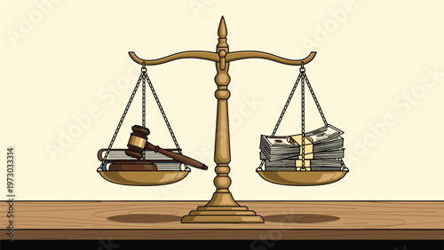 Scales of justice balancing a gavel and legal books against a stack of money, symbolizing the relationship between law and finance.