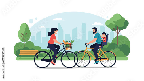 Happy family, a father with a baby in a child seat and a mother with groceries, cycling through a green park with a cityscape backdrop.