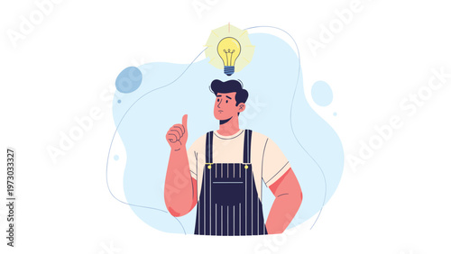 Creative young man with a bright lightbulb appearing above his head, indicating a sudden idea or innovative solution, symbolizing ingenuity.