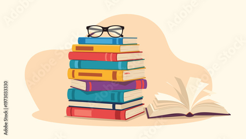 Colorful stack of books with eyeglasses resting on top and an open book beside them, symbolizing knowledge, learning, and literary pursuits.