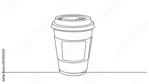 Continuous one-line drawing of a disposable coffee cup with a lid and sleeve, representing daily coffee rituals and convenience.