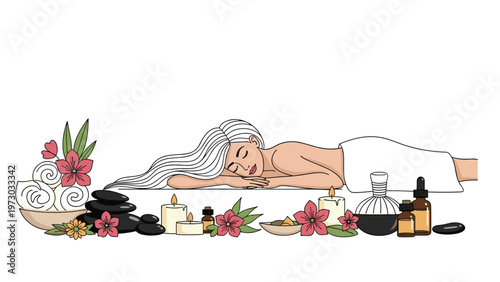 Serene woman enjoying a relaxing massage, surrounded by spa elements like hot stones, candles, and essential oils, promoting wellness.